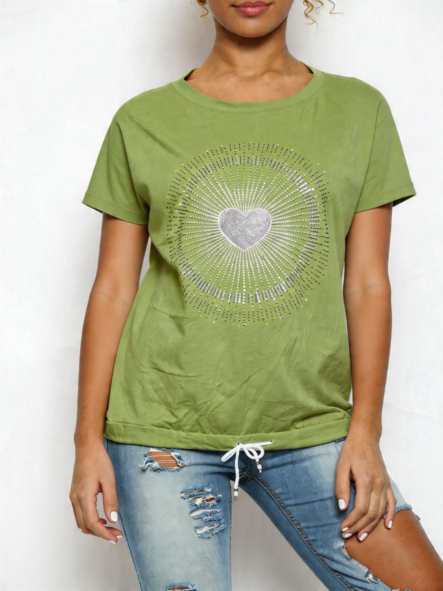 Ladies Sequin Heart Graphic Drawstring Hem Top Light Khaki
