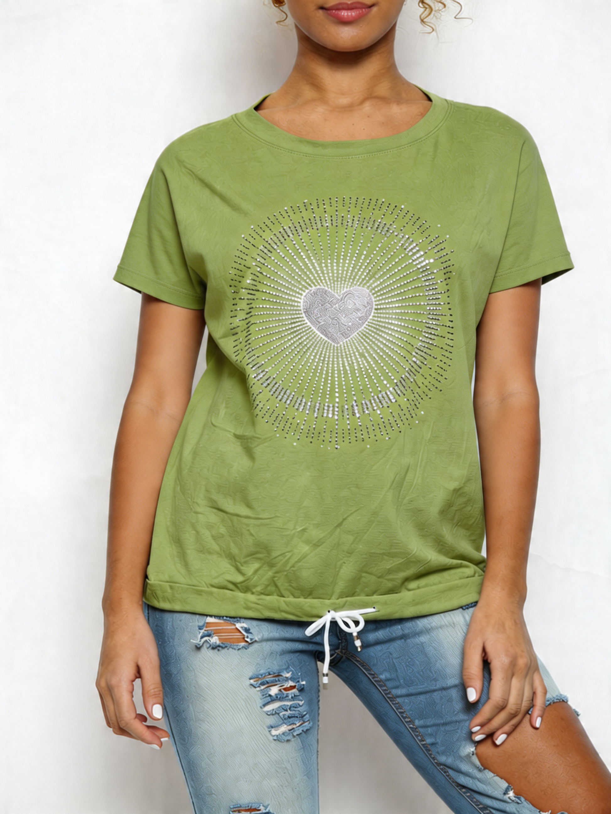 Ladies Sequin Heart Graphic Drawstring Hem Top Light Khaki