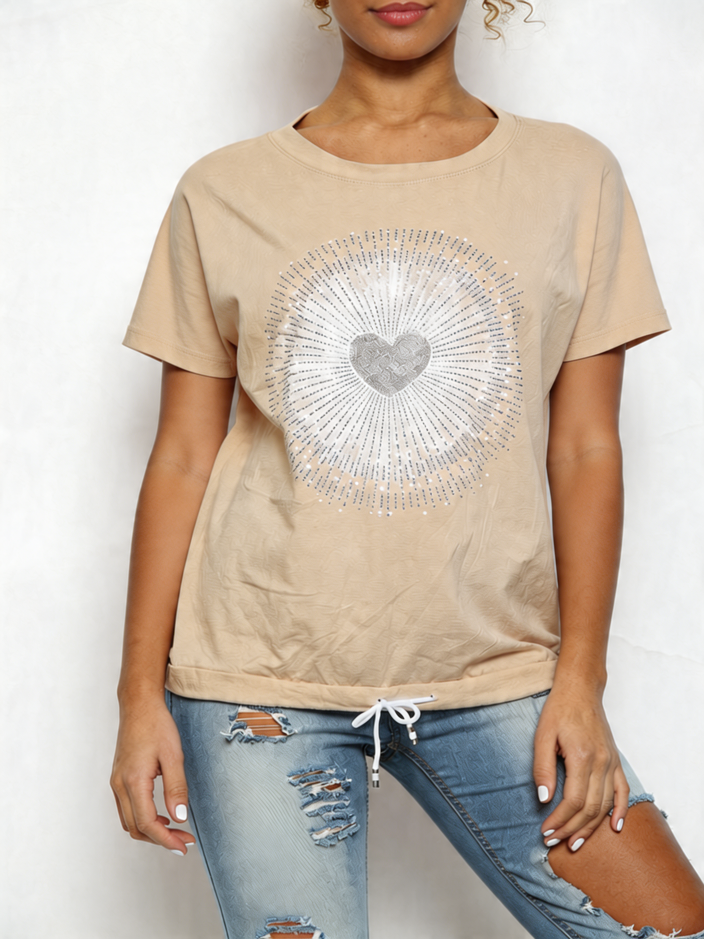 Ladies Sequin Heart Graphic Drawstring Hem Top Stone
