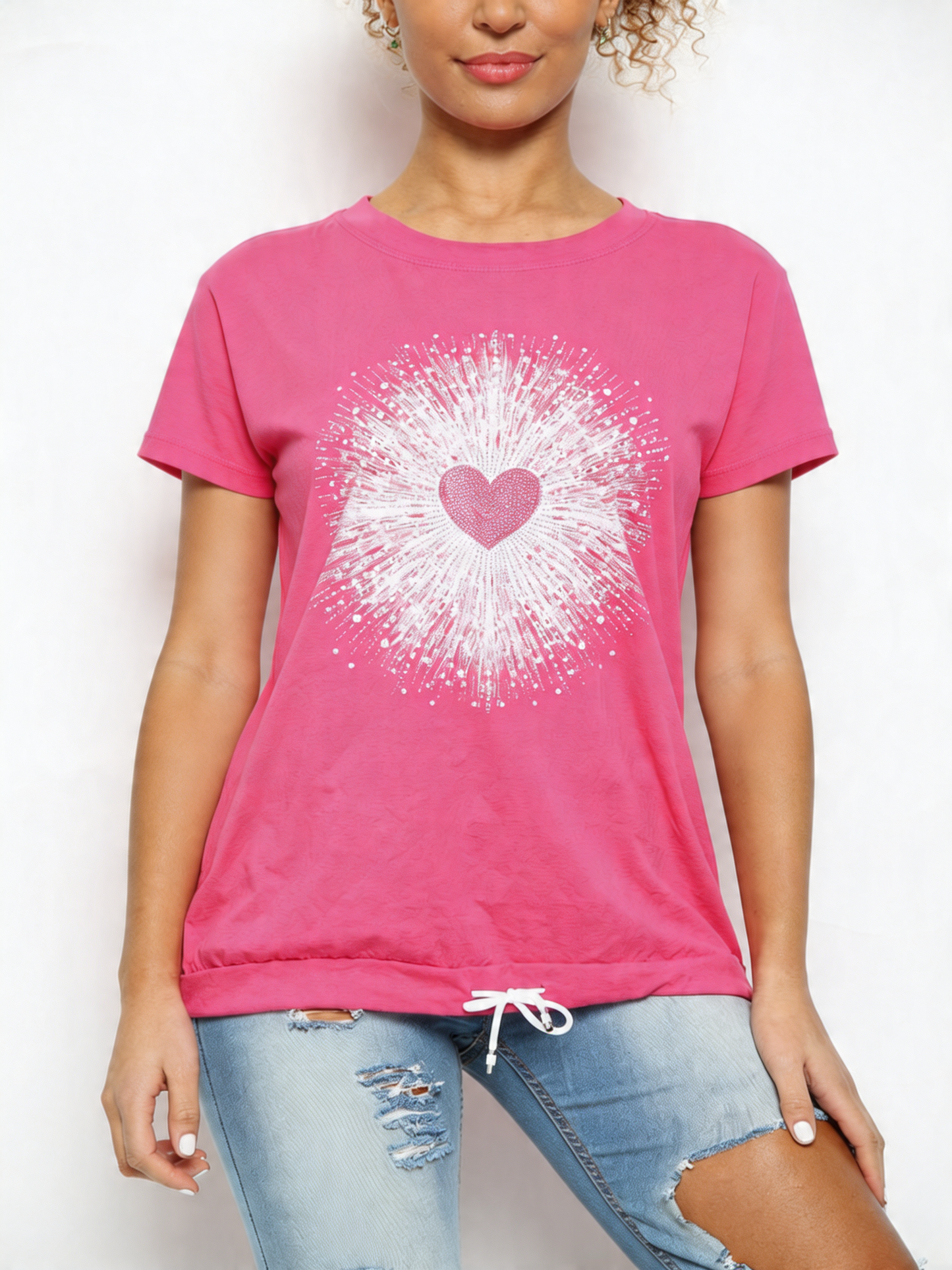 Ladies Sequin Heart Graphic Drawstring Hem Top - Bubblegum Pink