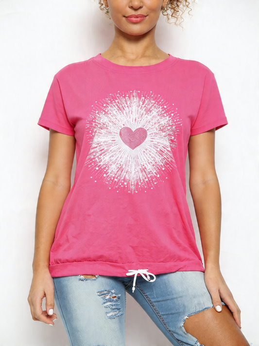 Ladies Sequin Heart Graphic Drawstring Hem Top - Bubblegum Pink