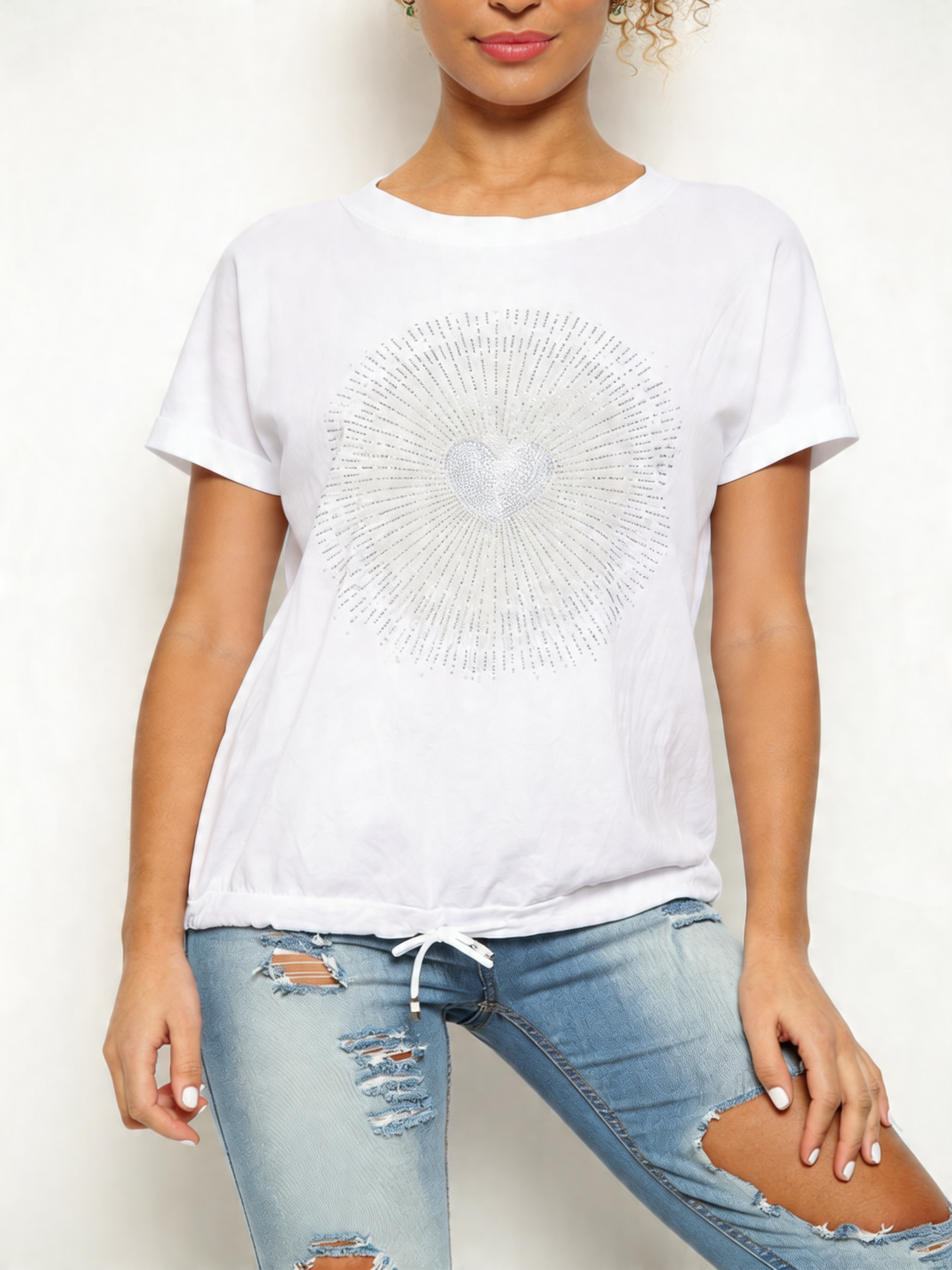 Dames Top met Trekkoord aan de Zoom en Pailletten Hart Print Wit