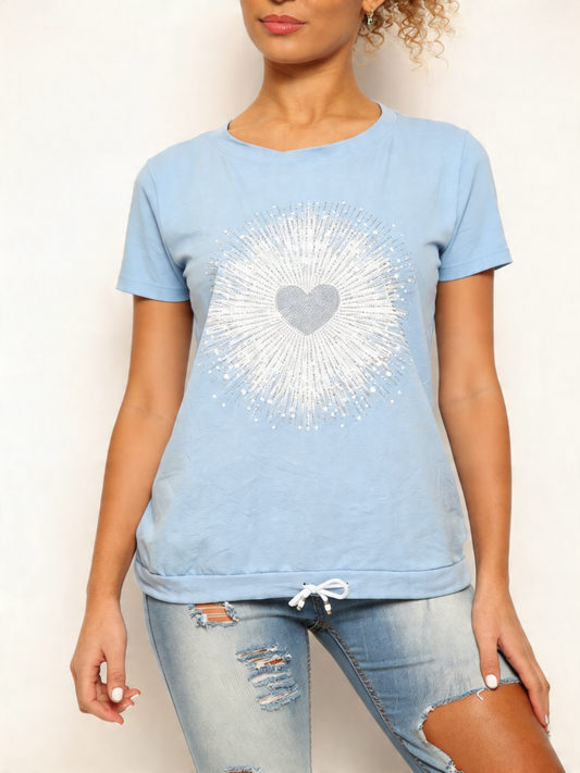 Ladies Sequin Heart Graphic Drawstring Hem Top Light Blue