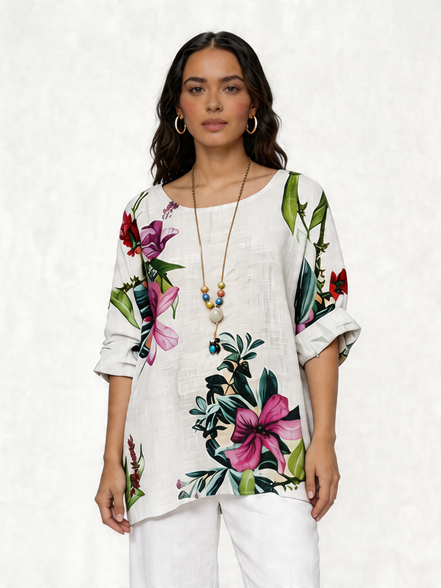 Botanical Garden Floral Print Linen Tunic Top - White