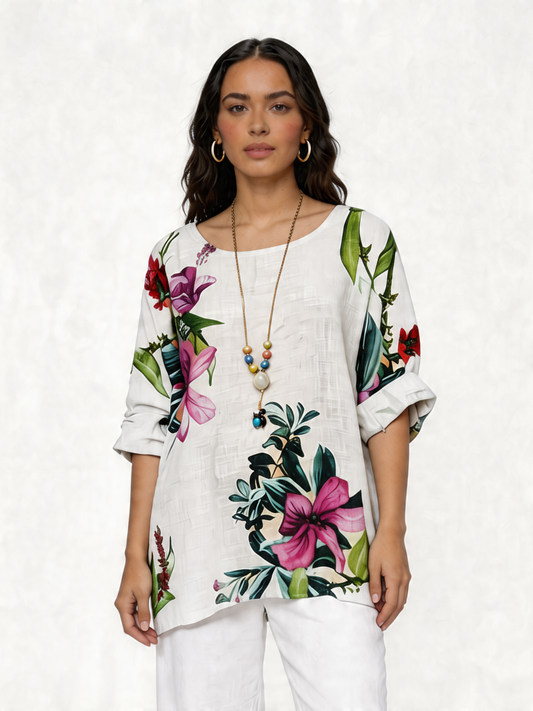 Linnen tuniek top met botanische bloemenprint - Wit
