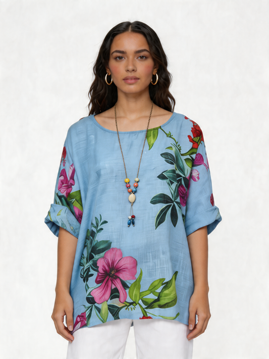 Botanische Tuin Bloemenprint Linnen Tuniek Top - Hemelsblauw