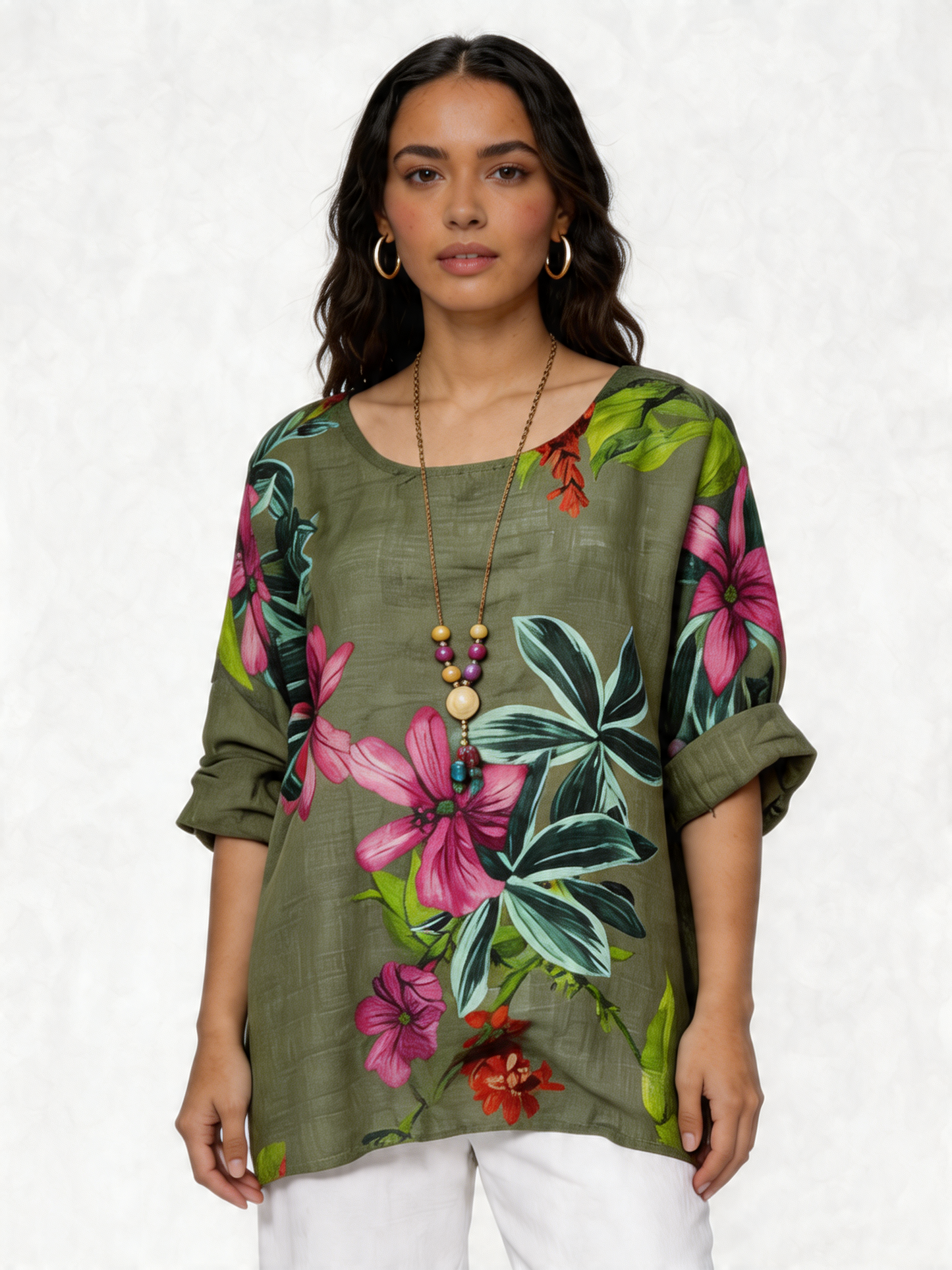 Botanical Garden Floral Print Linen Tunic Top - Khaki