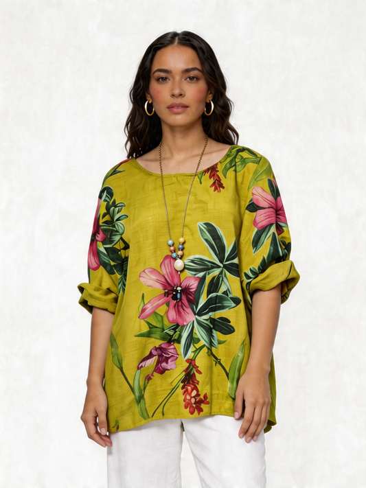 Tuniek met bloemenprint van linnen, Botanische Tuin - Chartreuse