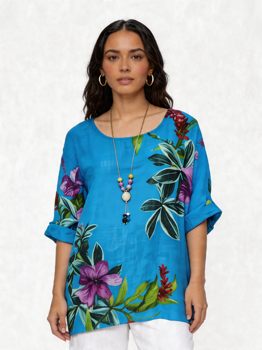 Tuniektop van linnen met botanische bloemenprint - Denim