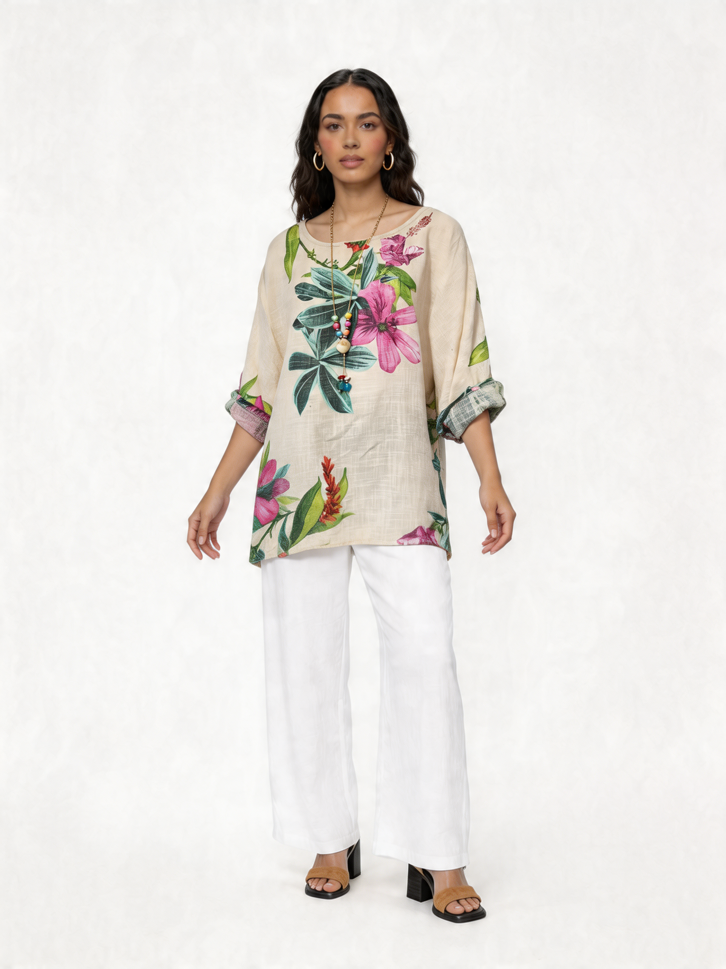 Linnen Tuniek Top met Botanische Bloemenprint - Beige