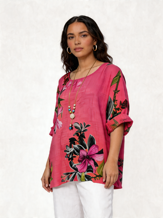 Botanische Tuin Bloemenprint Linnen Tuniektop - Fuchsia