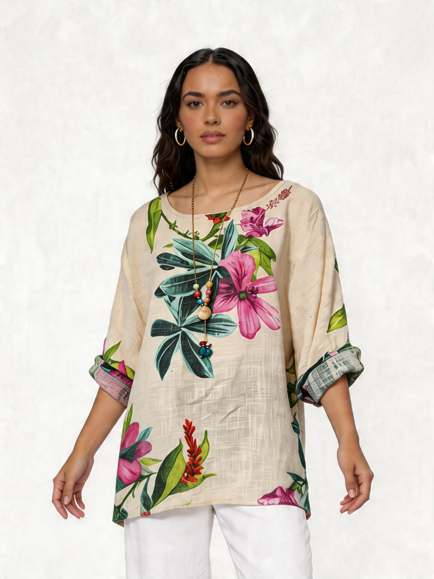 Linnen Tuniek Top met Botanische Bloemenprint - Beige