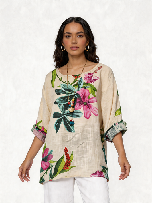 Linnen Tuniek Top met Botanische Bloemenprint - Beige