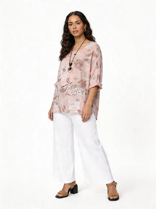 Botanical Bloom Oversized Linen-Look Top - Dusty Pink