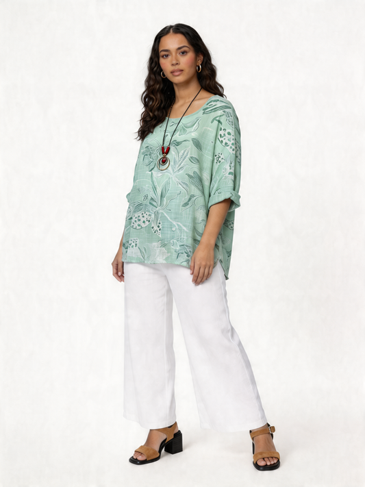 Botanical Bloom Oversized Linen-Look Top - Mint