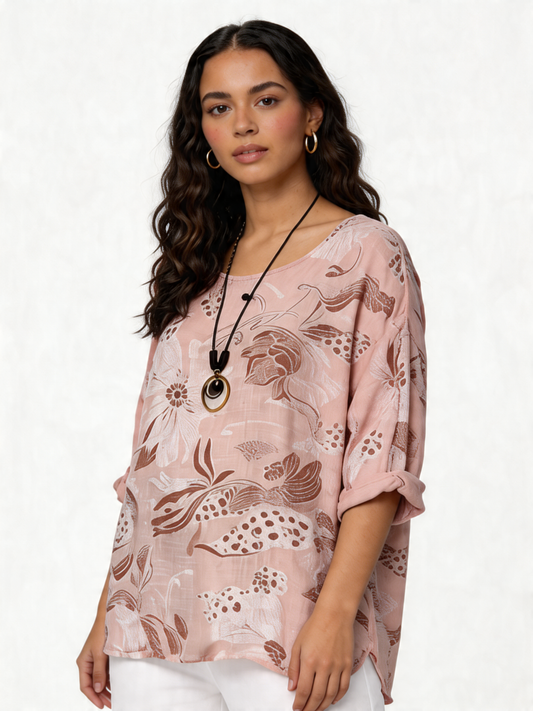 Botanical Bloom Oversized Linen-Look Top - Dusty Pink
