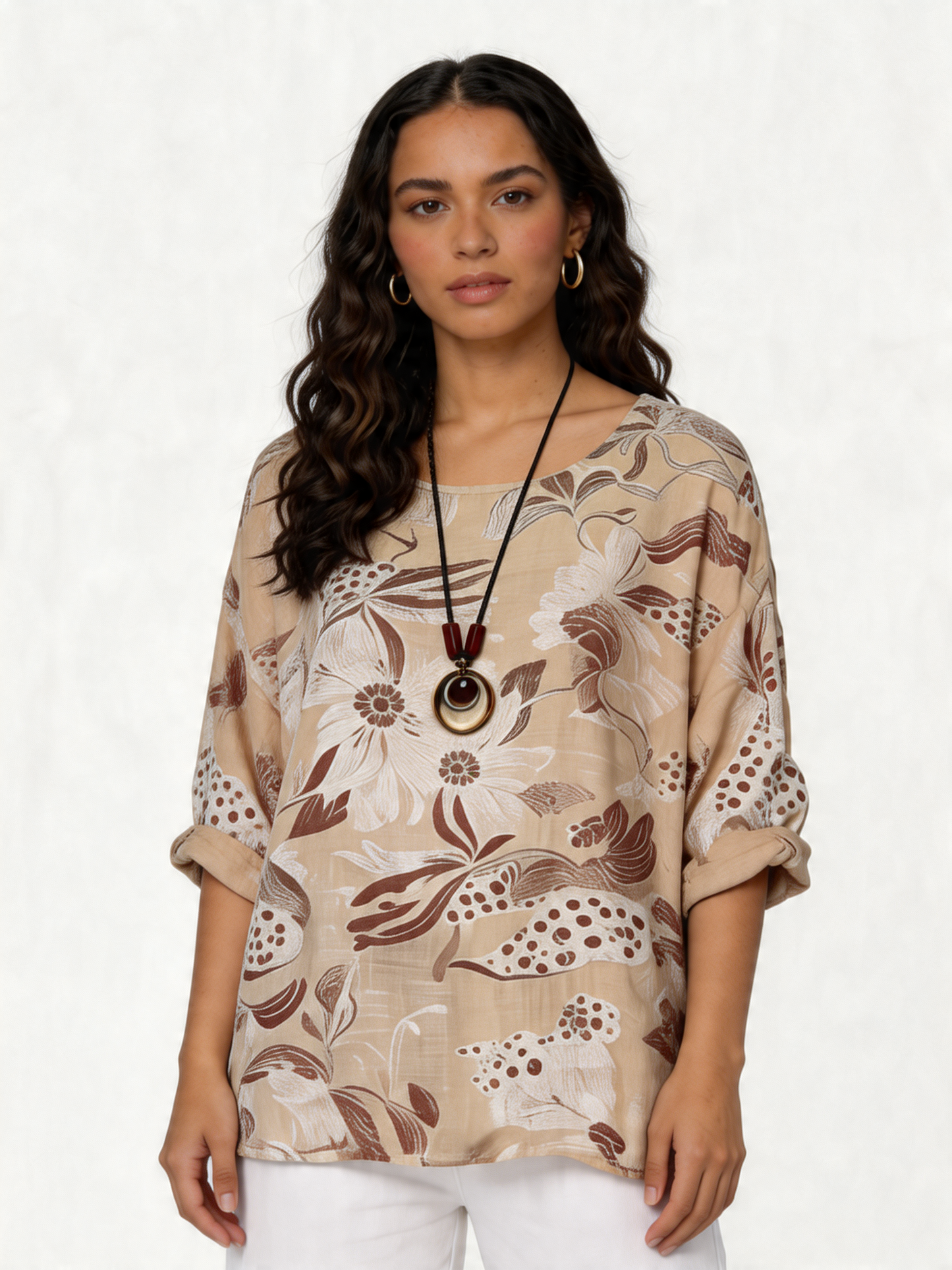 Botanical Bloom Oversized Linen-Look Top - Beige