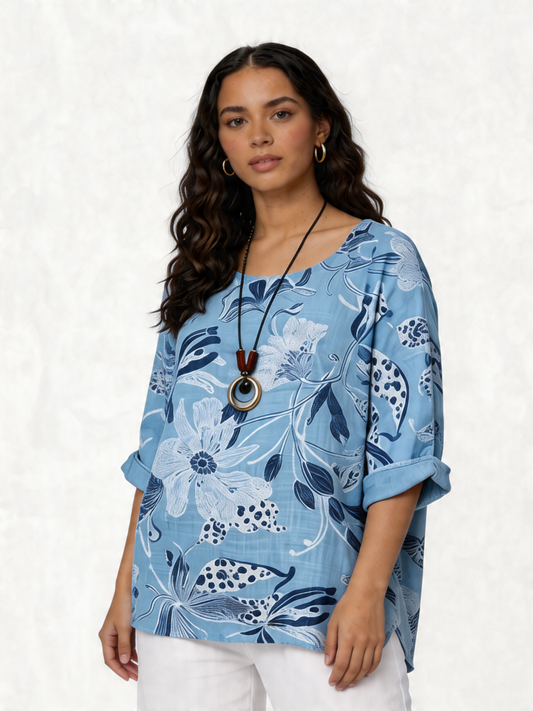 Botanical Bloom Oversized Linen-Look Top - Sky Blue