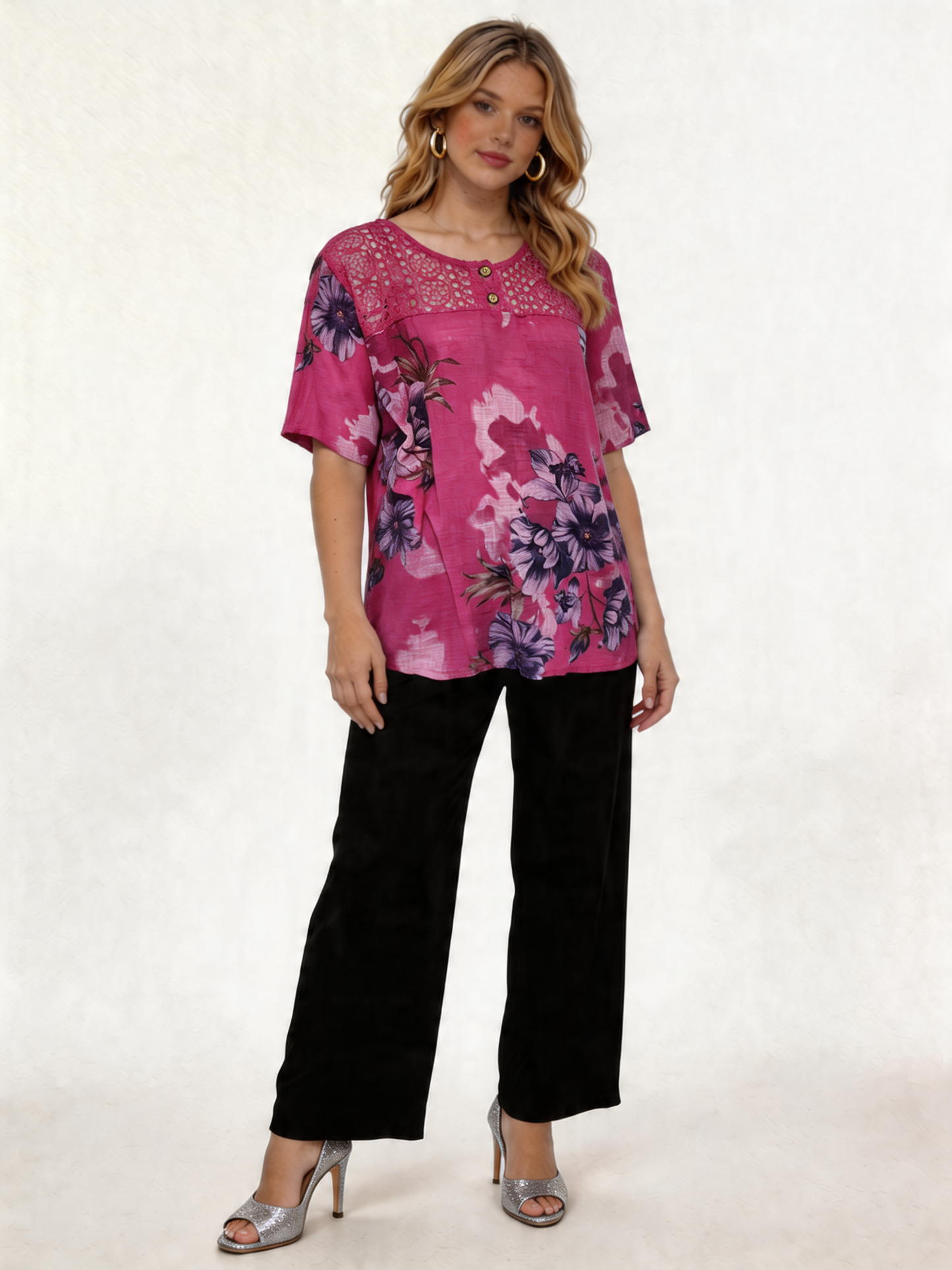 Floral Print Linen-Look Top with Crochet Lace Yoke - Fuchsia
