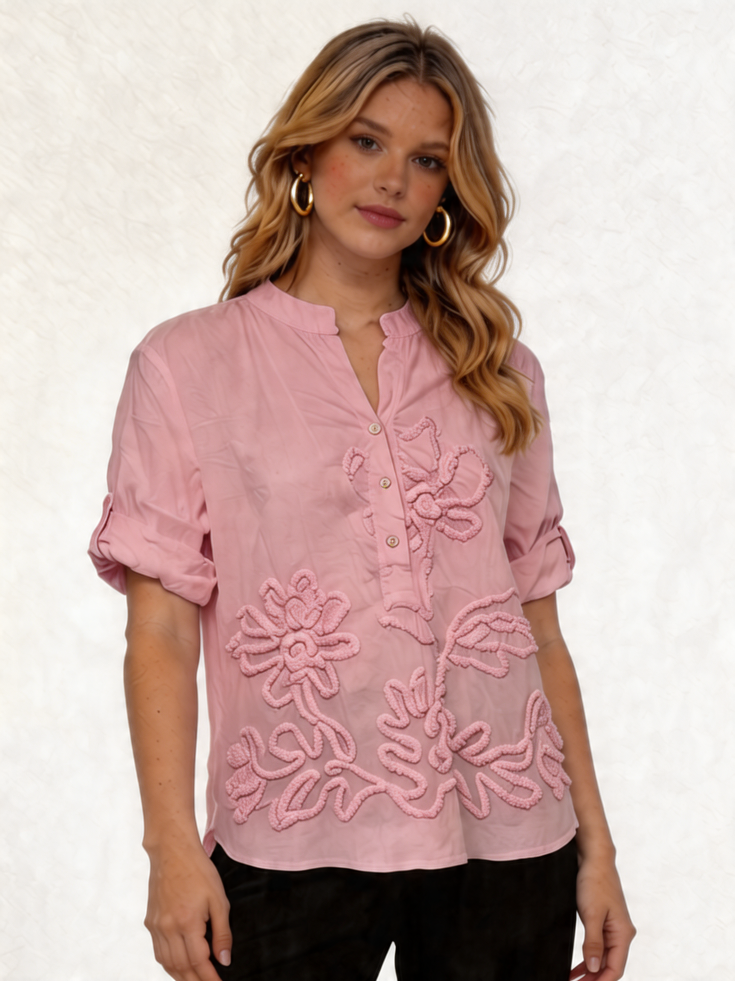 Cotton Blouse with Tonal Floral Embroidery - Pink