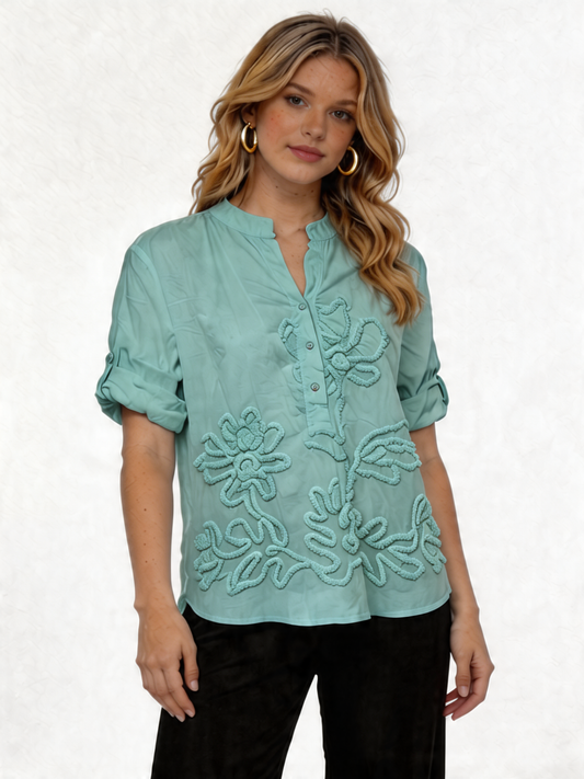 Cotton Blouse with Tonal Floral Embroidery - Mint