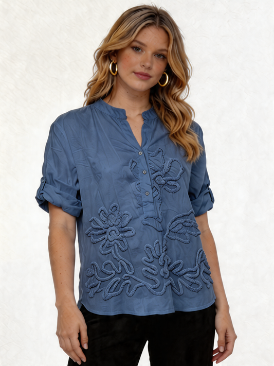 Cotton Blouse with Tonal Floral Embroidery - Denim