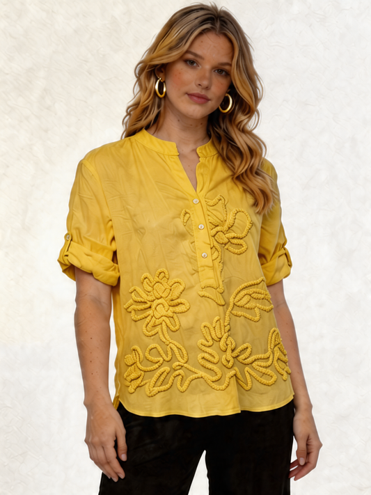 Cotton Blouse with Tonal Floral Embroidery - Lemon