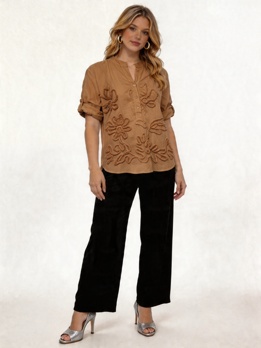 Cotton Blouse with Tonal Floral Embroidery - Camel