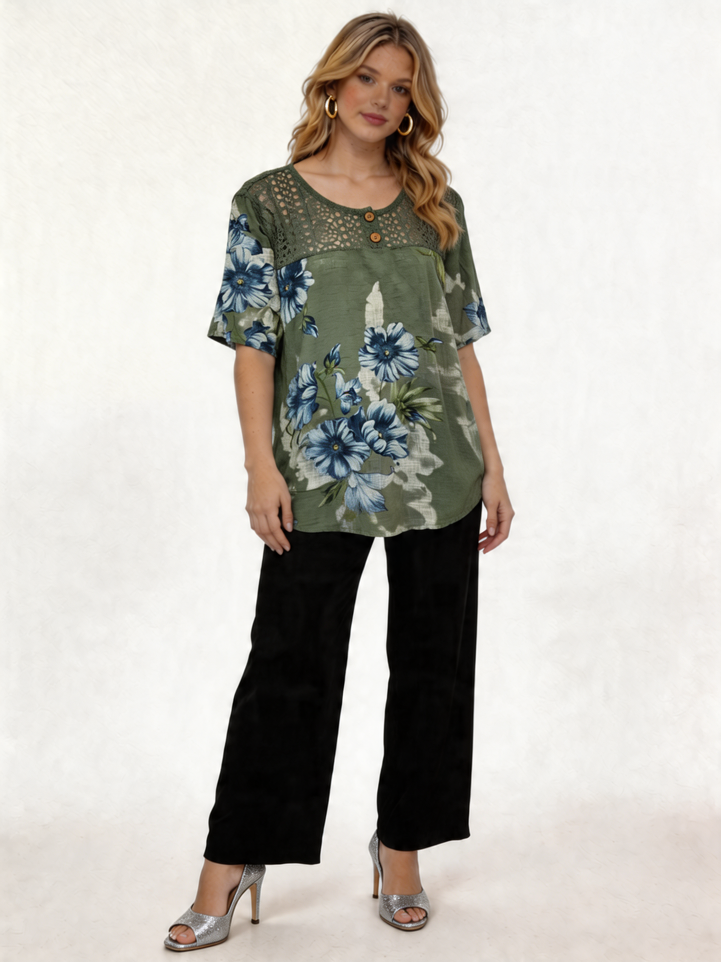 Floral Print Linen-Look Top with Crochet Lace Yoke - Khaki