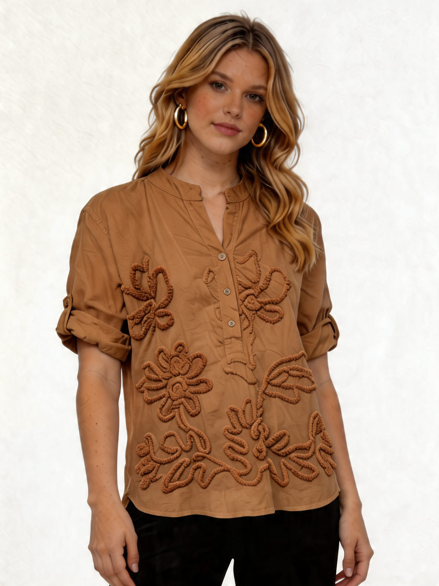 Cotton Blouse with Tonal Floral Embroidery - Camel