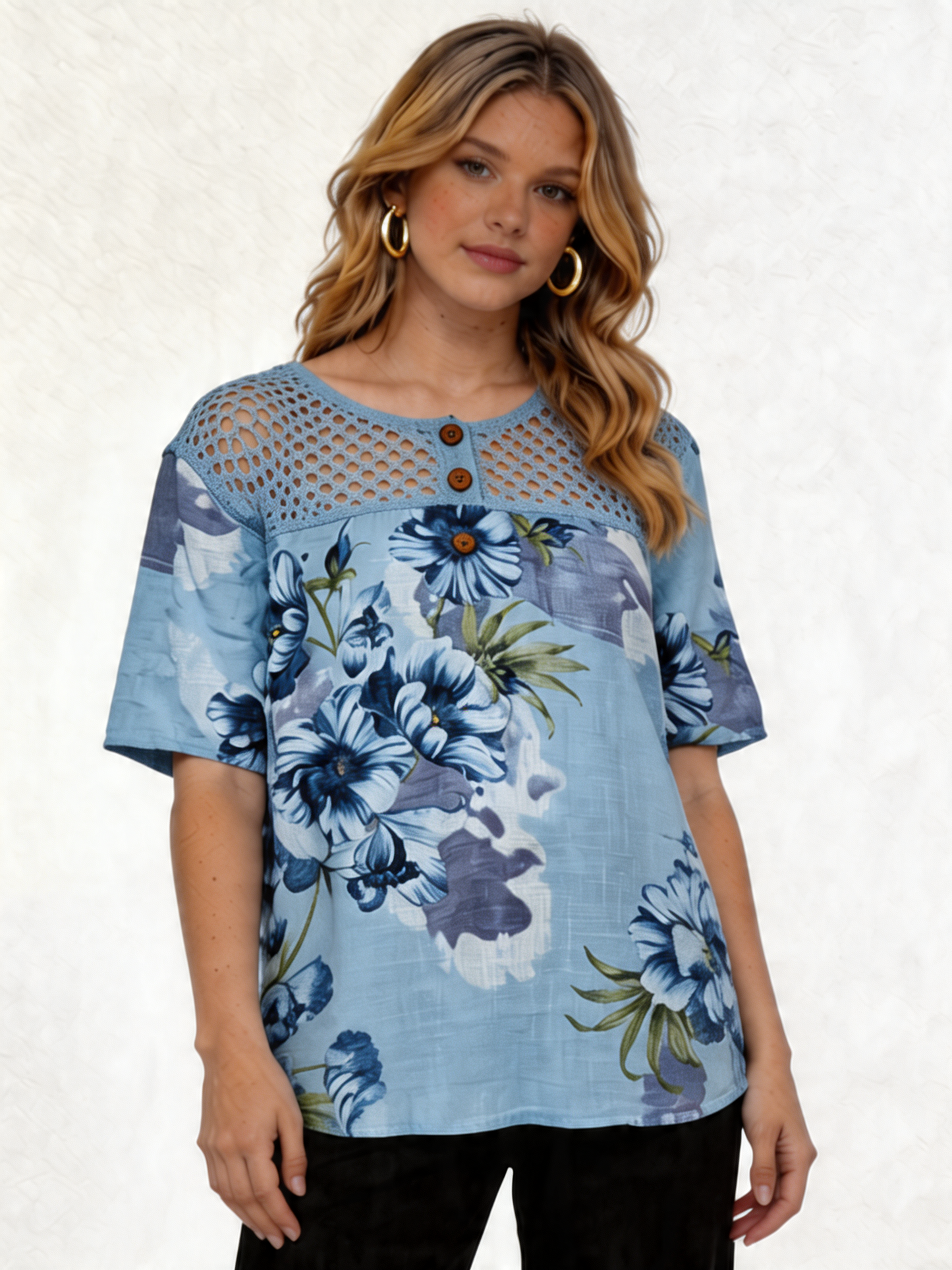 Floral Print Linen-Look Top with Crochet Lace Yoke - Sky Blue