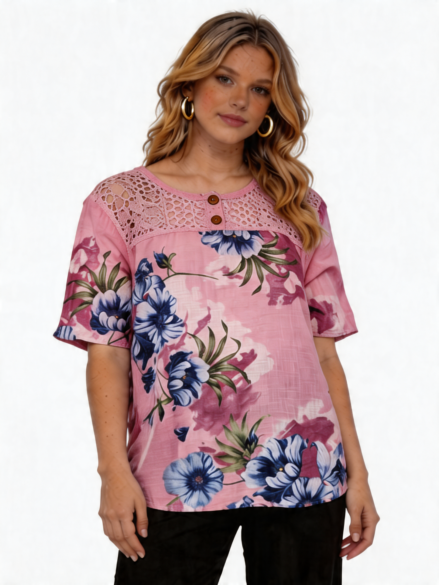 Floral Print Linen-Look Top with Crochet Lace Yoke - Pink