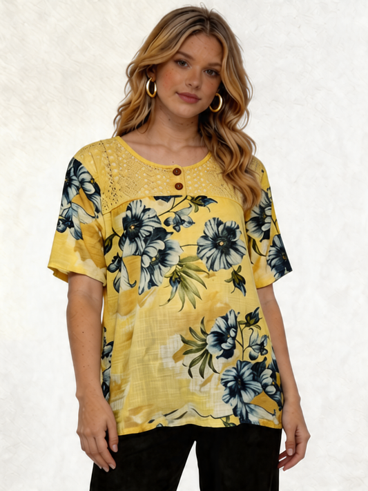 Floral Print Linen-Look Top with Crochet Lace Yoke - Lemon