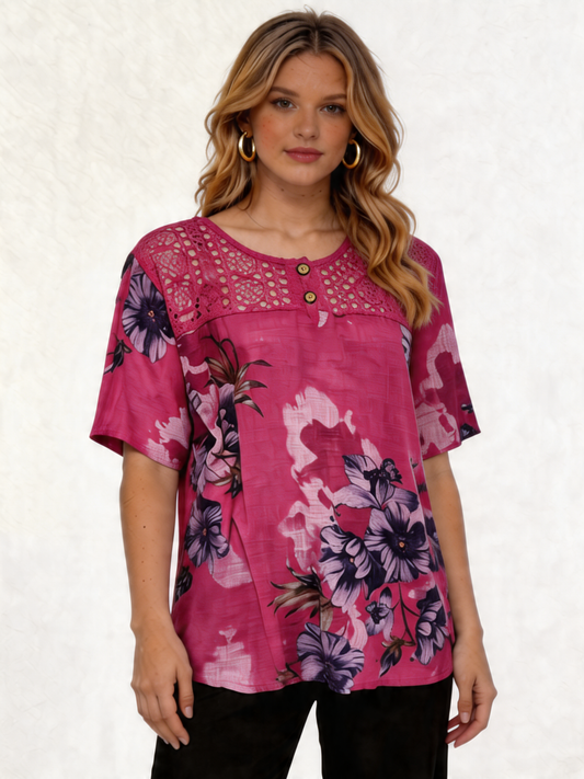 Top van linnenlook met bloemenprint en gehaakte kanten schouderpas - Fuchsia
