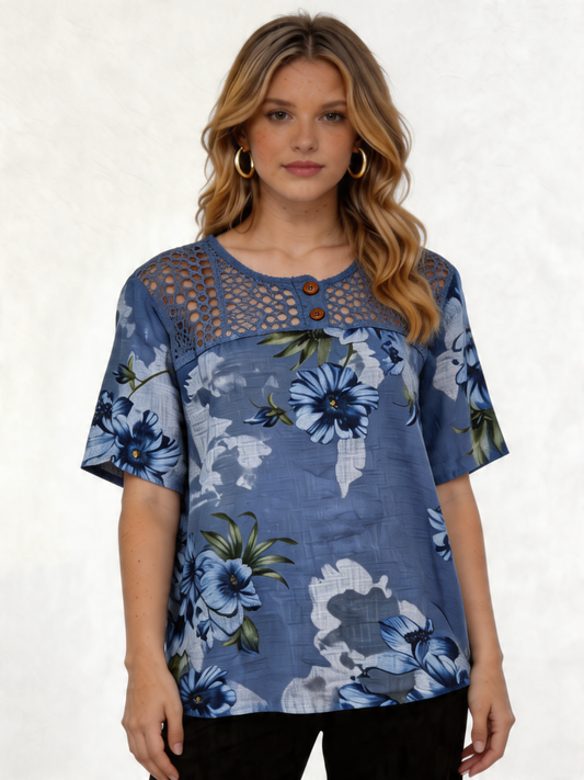 Top met bloemenprint in linnenlook en gehaakte kanten schouderpas - Denim