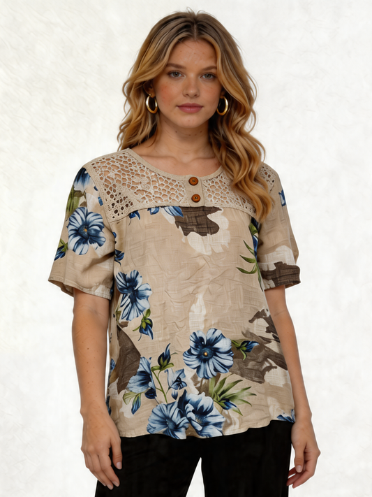 Floral Print Linen-Look Top with Crochet Lace Yoke - Beige
