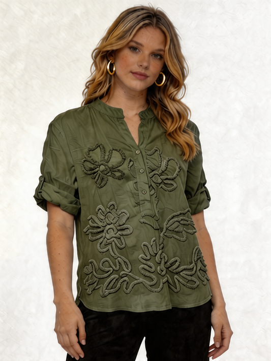 Cotton Blouse with Tonal Floral Embroidery - Khaki