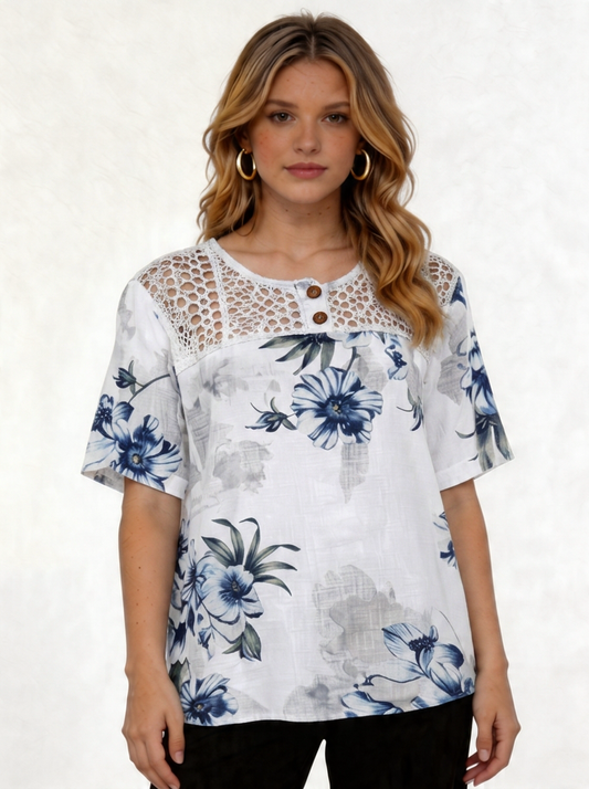 Floral Print Linen-Look Top with Crochet Lace Yoke - White