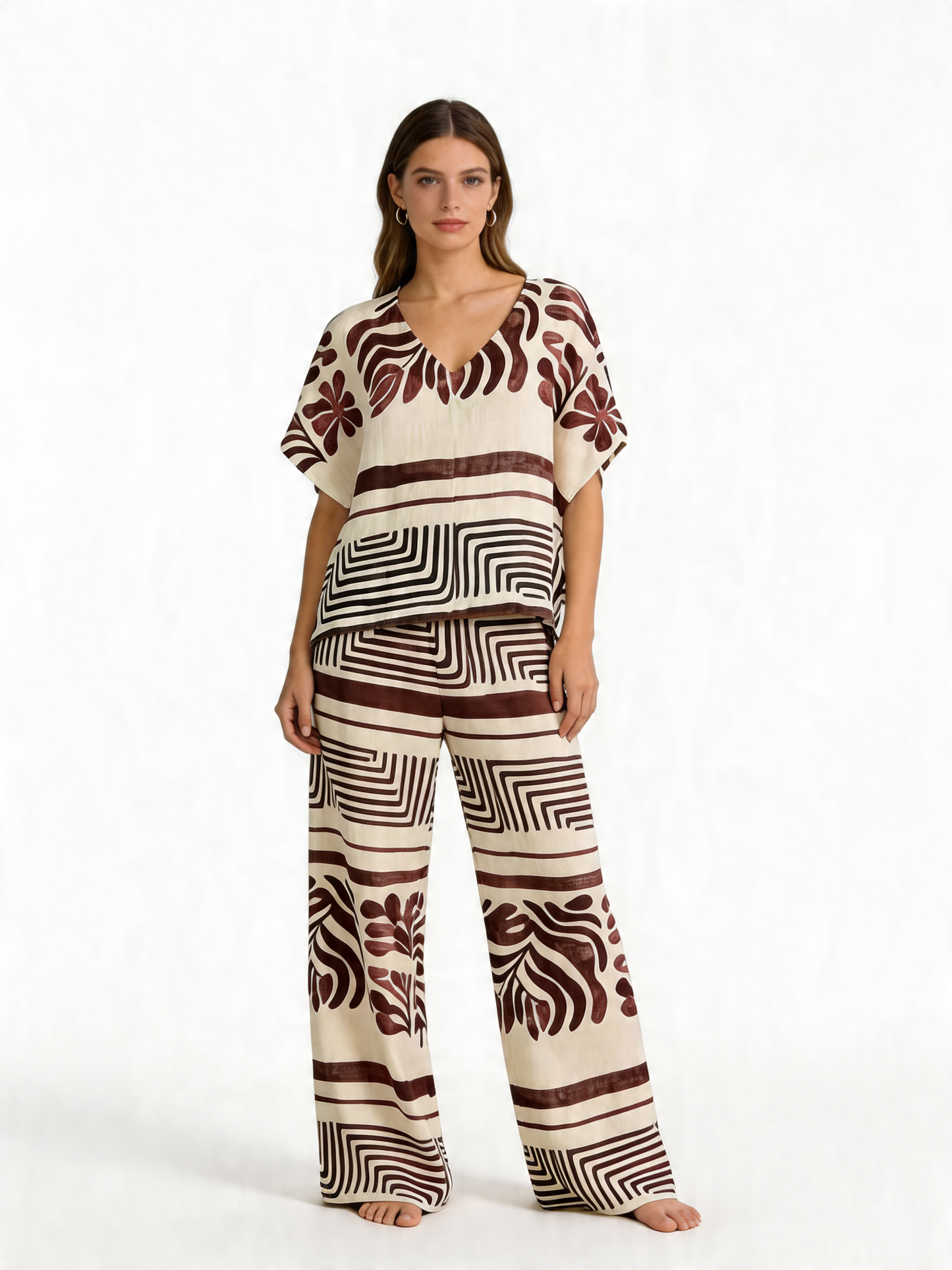 Floral Geometric Print Kaftan Top & Wide-Leg Trousers Co-Ord Set - Brown