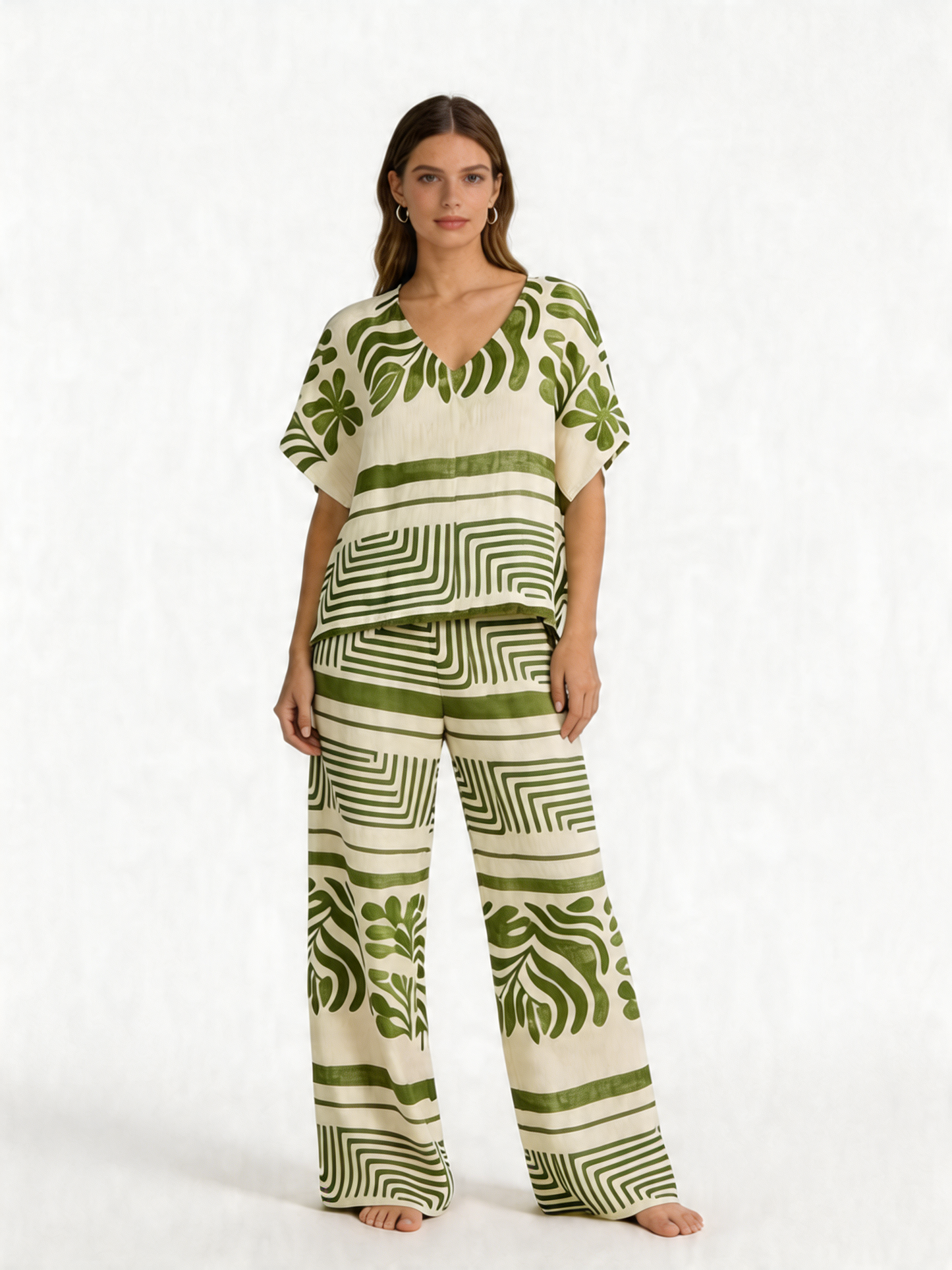 Floral Geometric Print Kaftan Top & Wide-Leg Trousers Co-Ord Set - Khaki