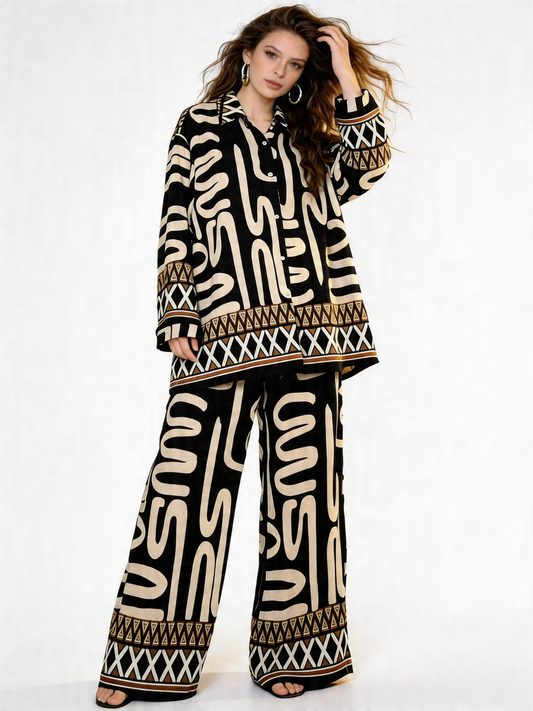 Abstract Tribal Print Oversized Shirt & Wide-Leg Trousers Co-Ord Set - Black