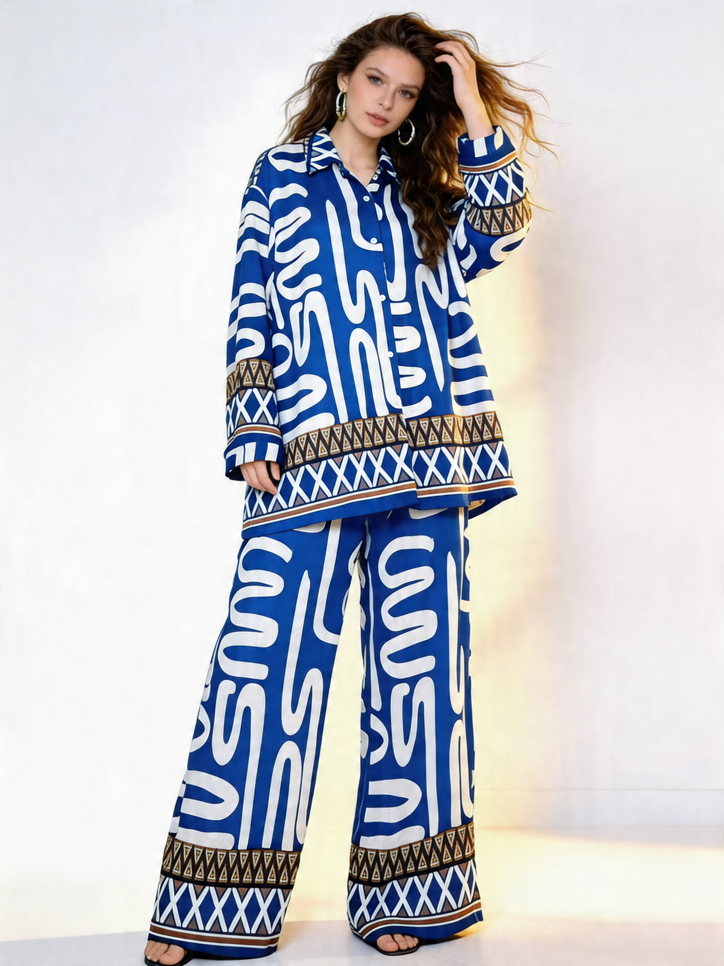 Abstract Tribal Print Oversized Shirt & Wide-Leg Trousers Co-Ord Set - Blue