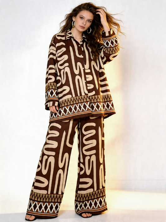 Abstract Tribal Print Oversized Shirt & Wide-Leg Trousers Co-Ord Set - Brown
