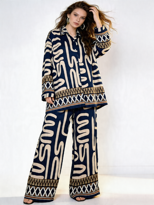 Abstract Tribal Print Oversized Shirt & Wide-Leg Trousers Co-Ord Set - Navy