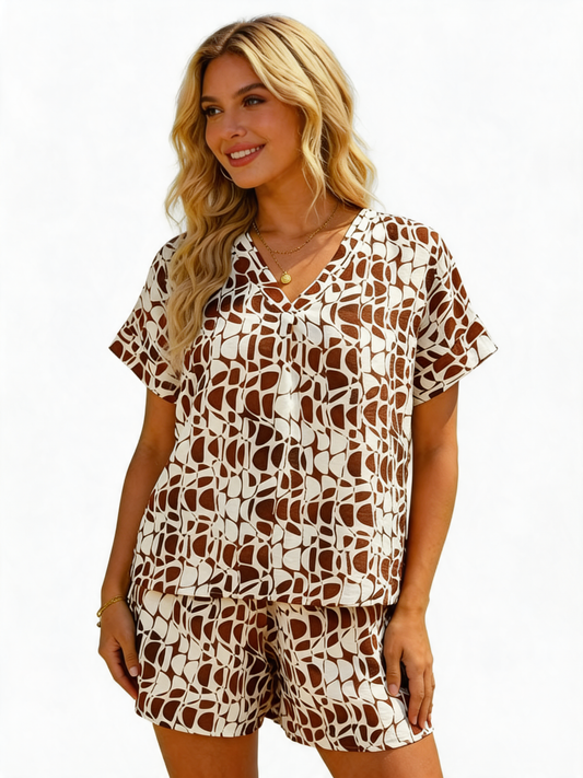 (TOP ONLY) Abstract Geometric Print V-Neck Oversized Top - Mocha