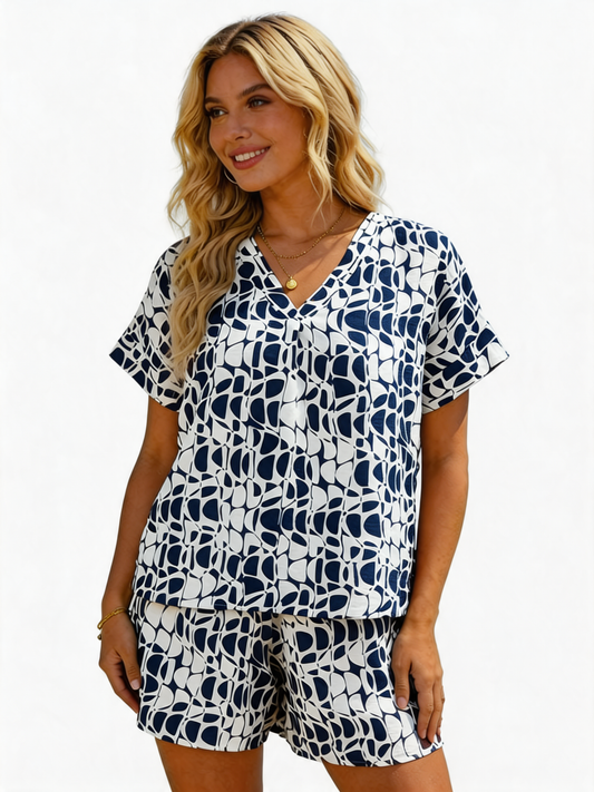 Abstract Geometrische Print V-Hals Oversized Top en short (COMPLETE SET) - Marineblauw