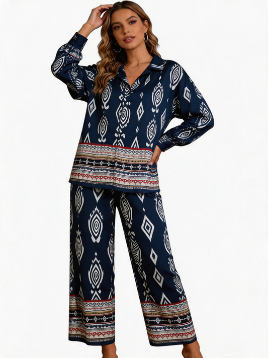 Boho Tribal Print Two-Piece Lounge Set – Long Sleeve Button-Up Shirt & Wide-Leg Pants - Navy