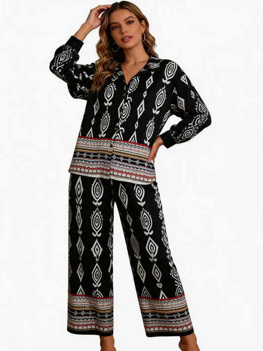 Boho Tribal Print Two-Piece Lounge Set – Long Sleeve Button-Up Shirt & Wide-Leg Pants - Black