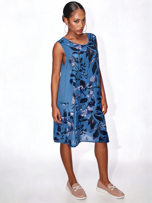 Botanical Midi Floral Print Sleeveless Swing Dress – Denim