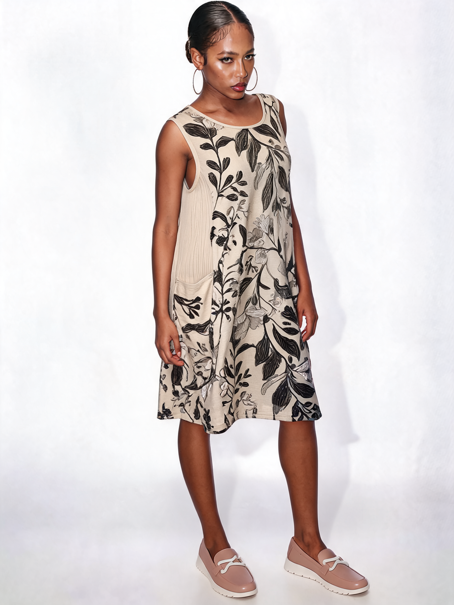 Botanical Midi Floral Print Sleeveless Swing Dress – Beige